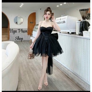 Đầm dự tiệc nữ 2 dây dáng xòe chất phi cứng tùng lưới phối nơ sau lưng