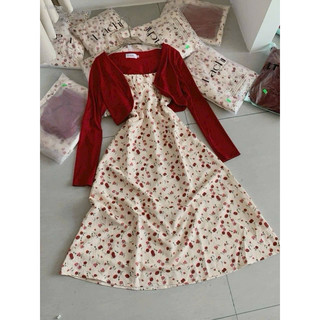 Đầm dự tiệc, Set đầm hoa 2 dây và áo khoác