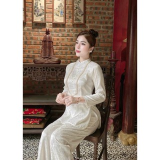 Sét Bộ Pháp Phục - Đồ Lam Đi Chùa Lễ Phật Chất Gấm Hoa Cao Cấp Cổ Trụ Tay Dài Xẻ Tà Đính Nút Sang Trọng Nữ Tính