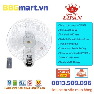 Quạt treo tường remote Lifan TE-1688 động cơ dây đồng sải cánh 400 mm hoạt động êm ái