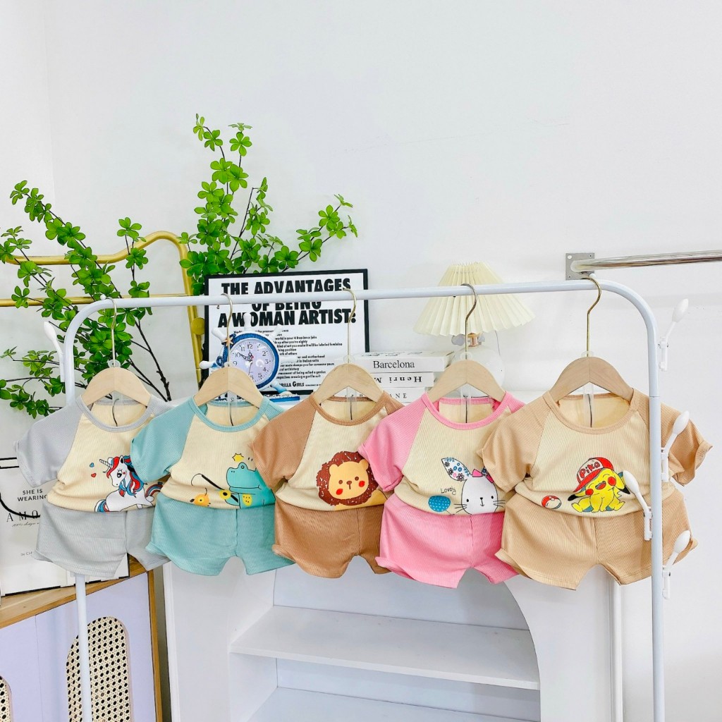 Bộ Cộc Tay MinKy Mom Tăm Lạnh Áo In Hình Bụng Tay Giáp Lăng Màu Quần Màu Cho Bé