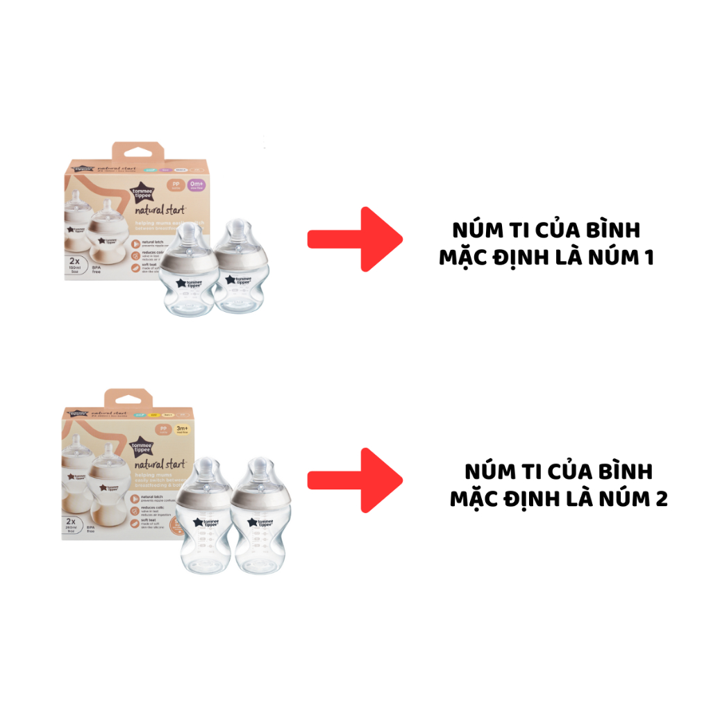 Bình Sữa PP Ty Siêu Mềm Tự Nhiên Tommee Tippee 150ml, 260ml, 340ml, Set Đôi, Nhiều Size, Được Mua Kèm Thêm 01 Núm Ty
