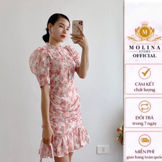 Đầm Đuôi Cá Thiết Kế Molina Dáng Ngắn Nhún Bèo, Họa Tiết Hoa Nhí Chất Tơ Lụa Mềm Mại