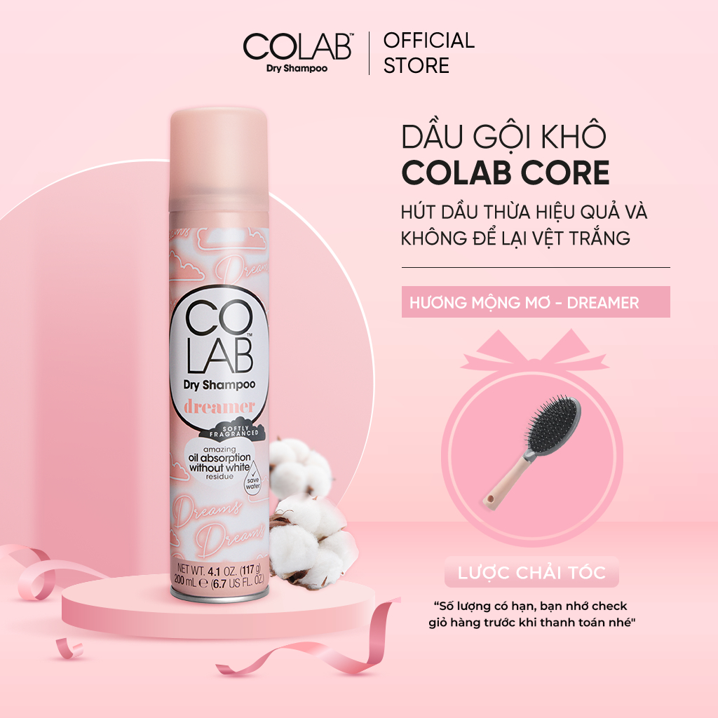 Dầu gội khô COLAB Dreamer Hương mộng mơ 200ml giúp tóc sạch bồng bềnh không để lại vệt trắng, vitamin E dưỡng tóc