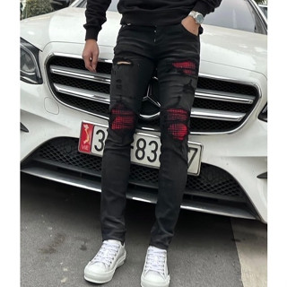 Quần Jean Nam A.mi.ri Đen Vá Đỏ 4 Cúc Quần Bò Nam Đen Rách Tua Gối Vá Đỏ Bản Cao Cấp