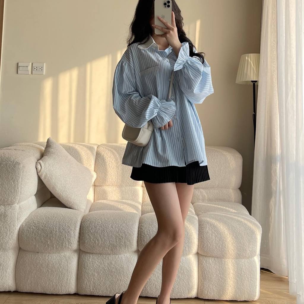Áo sơ mi kẻ sọc xanh cổ sen, Áo sơ mi form rộng thoáng mát ,Áo somi kiểu tay bồng Miho house