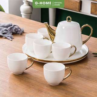 Bộ ấm trà khay tròn set 6 cốc cao cấp Ghome, bộ ấm trà sứ tráng men bóng thiết kế hiện đại, sang trọng AT23 M2