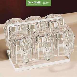 Bộ cốc thủy tinh kim cương set 6 kèm giá đỡ sang trọng Ghome, set 6 cốc thủy tinh chịu nhiệt BN23 M2