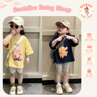 Bộ Quần Legging Phối Áo Cotton Siêu Mát Hình Gấu Xinh Năng Động Cho Bé Gái 10-32kg