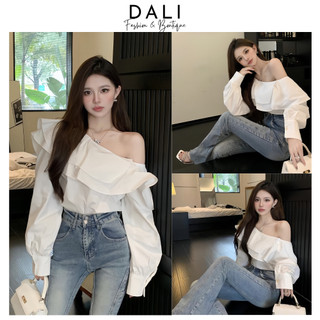 Áo Sơ Mi Lệch Vai Phối Bèo Dài Tay Phong Cách Hàn Quốc Sang Chảnh