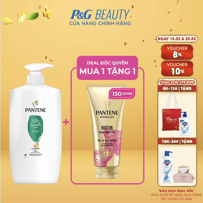 Combo Dầu Gội PANTENE San Sa Suôn Mượt Óng Ả 900 ML Và Dầu Xả 3 Phút Diệu Kì Ngăn Rụng Tóc 150 ML