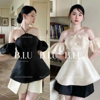 Set áo cổ yếm tay phồng quần short nhẹ nhàng thanh lịch Kat Set Biu Clothing BB0264