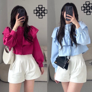 Áo sơ mi bèo tiểu thư, Áo sơ mi kiều CỔ BÈO tay dài, áo kiểu Crotop phối bèo tiểu thư 💖💖51