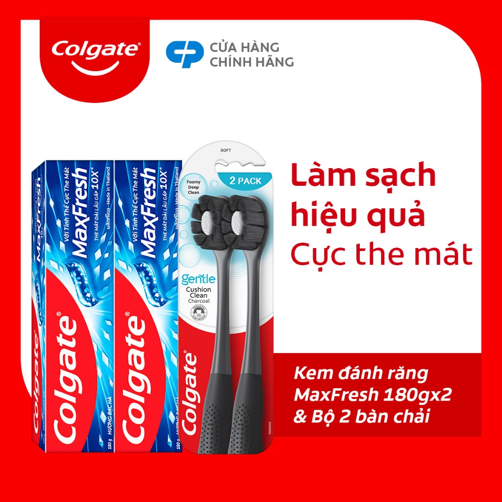 Bộ 2 Kem đánh răng Colgate Maxfresh 180g và 2 Bàn chải Colgate Cushion Clean tạo bọt siêu mịn