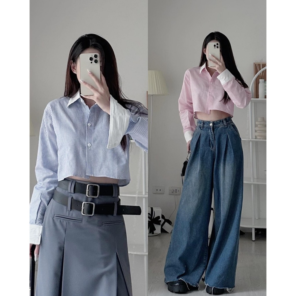 Áo sơmi kẻ croptop phối cổ viền tay vạt lệch - 247store.vn - Somicrt3195_P1K10