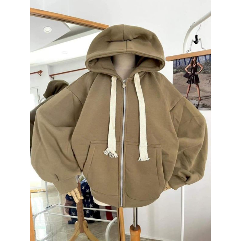 Áo Khoác Zip CROPTOP Trơn Ngắn Nỉ Bông Du Lịch Chống Nắng Trơn