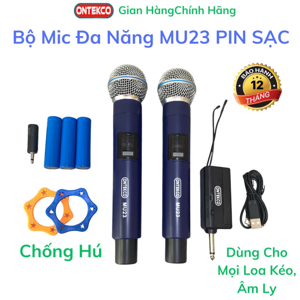 Bộ micro karaoke ONTEKCO không dây MU23/MU24 cao cấp, pin sạc, chống hú chống rít chuyên dùng cho loa kéo, amply