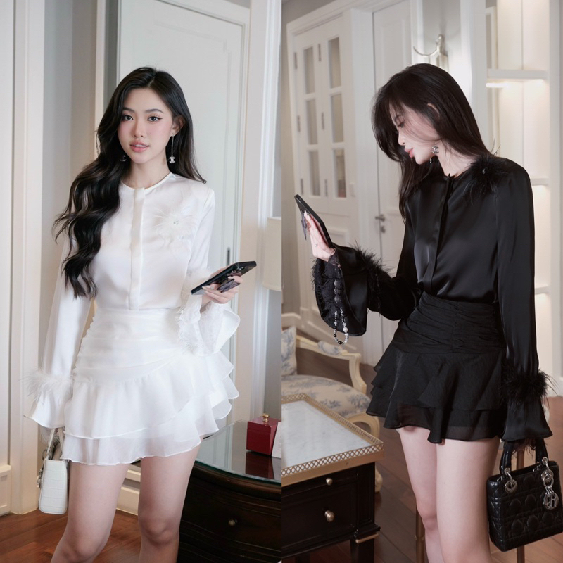 [Sẵn-Hỏa Tốc] Set áo lụa đính lông vũ và chân váy ngắn tầng sang chảnh quyến rũ