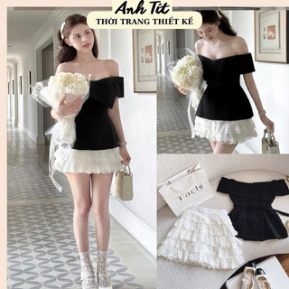 Set áo đen trễ vai kèm nịt eo mix chân váy trắng tầng , set áo bẹt vai thắt eo kèm chân váy tầng đi chơi