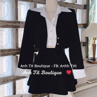 Set áo khoác croptop đen tay lật lại phối sơmi croptop trắng mix chân váy xếp ly đi chơi