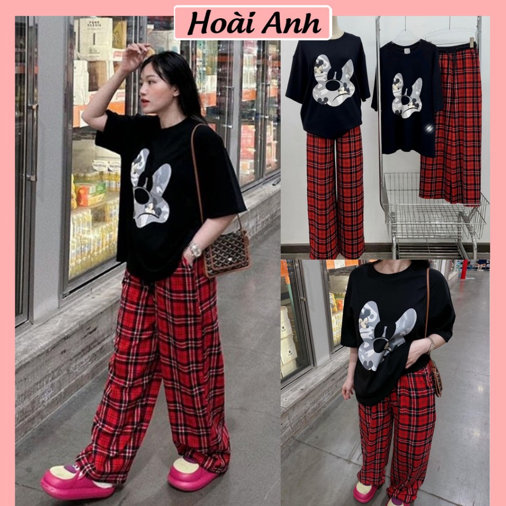 Set Bộ Đồ Nữ Áo Phông Đen In Mickey Loang Ngắn Tay Mix Quần Kẻ Caro Đỏ Ống Rộng Freesize
