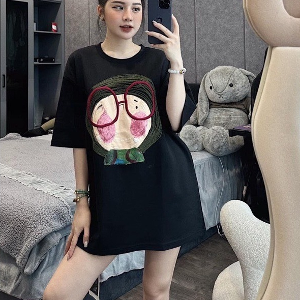 Áo Phông Oversize Nam, Nữ Form Rộng, In Hình CÔ GÁI ĐEO KÍNH CHỮ DRUGS Chất mát Không Xù Họa Tiết Hoạt Hình Mùa Hè