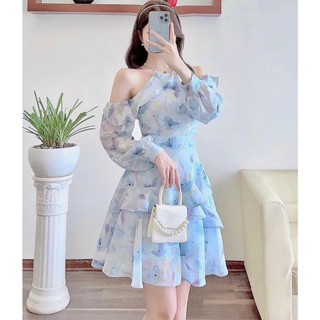Đầm voan hoa cổ yếm tay dài hở vai kiểu dáng xòe xinh xắn dự tiệc, dạo phố Free size (có mút ngực)