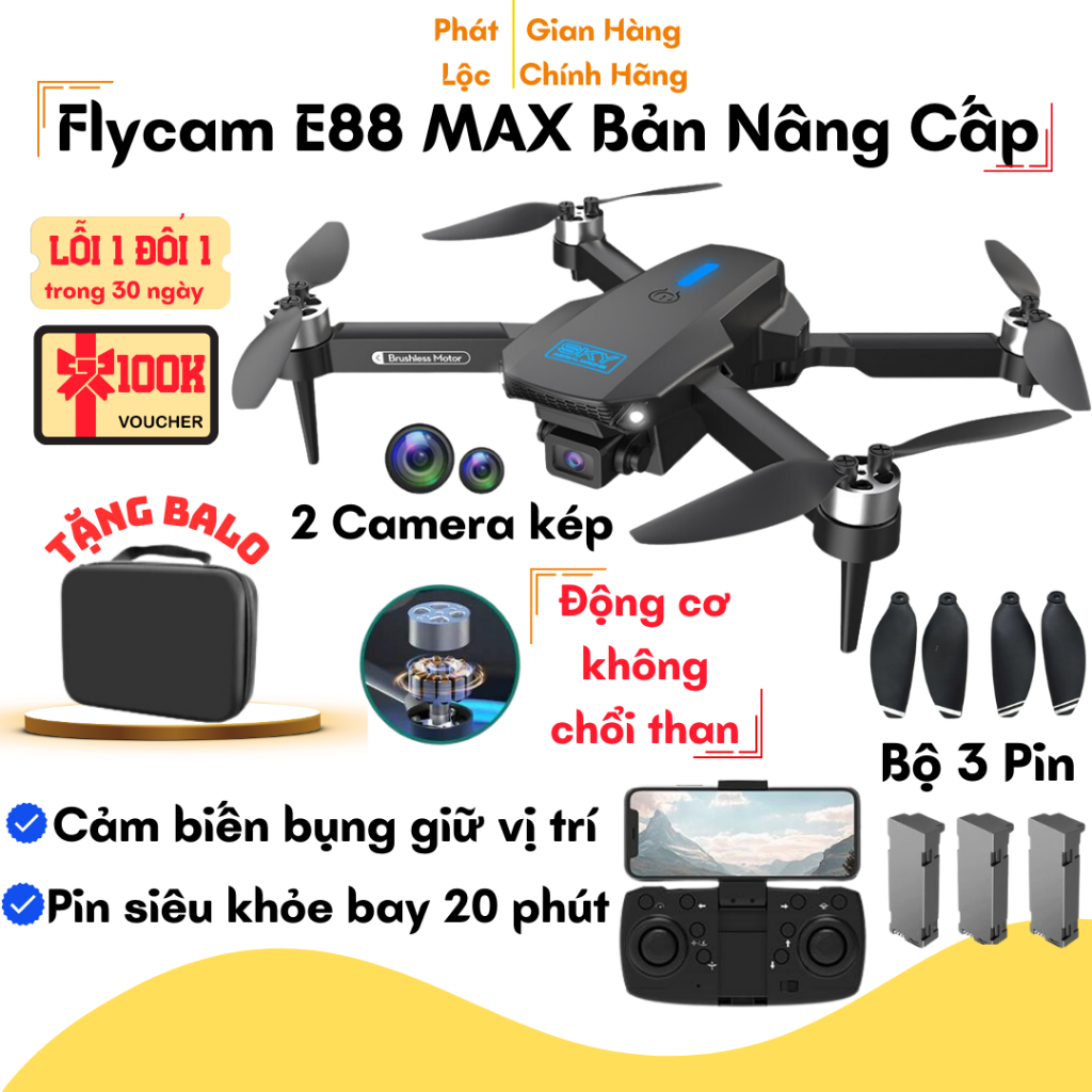 Máy bay camera flycam mini giá rẻ flycam drone E88 Max điều khiển từ xa quay phim, chụp ảnh