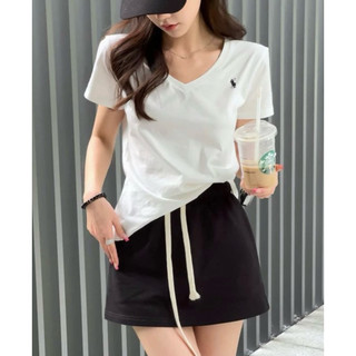 (Order) Áo phông trắng cổ tim thêu ngựa basic cotton xuất ( Kéo sang phải xem cận chất )