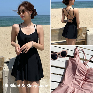 Bộ bơi bikini 2 màu đen, hồng phong cách Hàn Quốc đan dây lưng cực sexy, đồ bơi váy quần kín đáo học bơi Lili Bikini
