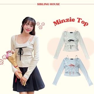  Mùa hè 2024 Set áo dài tay trơn điểm nhấn thắt nơ thiết kế nút bọc dễ thương Minzie Top - Sibling House