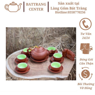 Ấm chén tử sa Bát Tràng,đất nung đỏ. Bộ ấm cành cây cao quai đắp và bộ nhỡ nâu