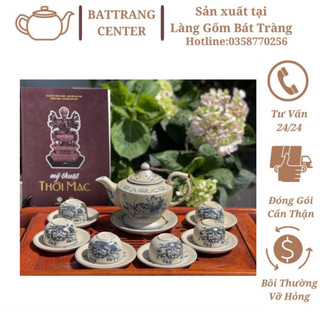 Ấm chén men rạn cổ Bát Tràng-bộ Lư đèn vẽ sen