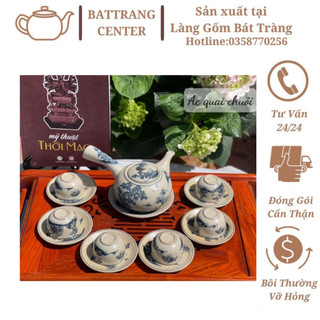 Ấm chén men rạn cổ Bát Tràng-bộ Chuôi dáng Nhật-vẽ Cổ Tự dưới gốc cây Tùng