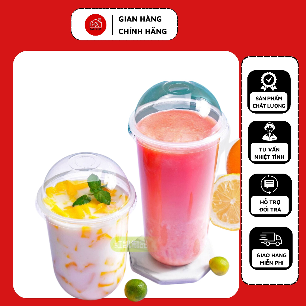 Bộ 50 ly nhựa pp có nắp đế bằng cao cấp 400 - 700 ml, cốc nhựa dùng 1 lần chịu nhiệt tốt