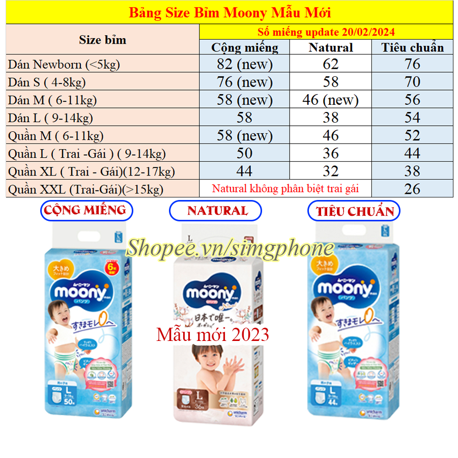 Bỉm /Tã dán quần Moony Cộng miếng/ Natural / Tiêu chuẩn /Hè Nhật đủ size Nb96/S84/M58/ L54/ L44/ Xl44