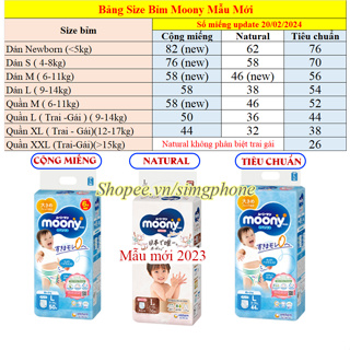 Bỉm /Tã dán quần Moony Cộng miếng/ Natural / Tiêu chuẩn /Hè Nhật đủ size Nb96/S84/M58/ L54/ L44/ Xl44