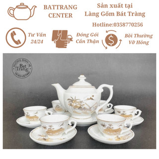 Ấm chén pha trà Bát Tràng-men Trắng dáng Đèn Thần- vẽ vàng Vinh Hoa Phú Quý,Hoa Sen các loại