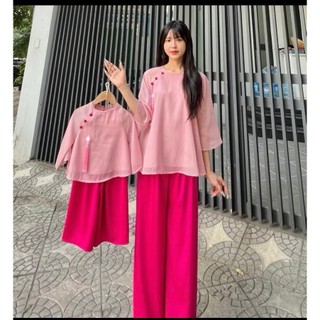 Set đồ lam mẹ và bé gái - áo cánh dơi 2 lớp kèm quần phi lụa