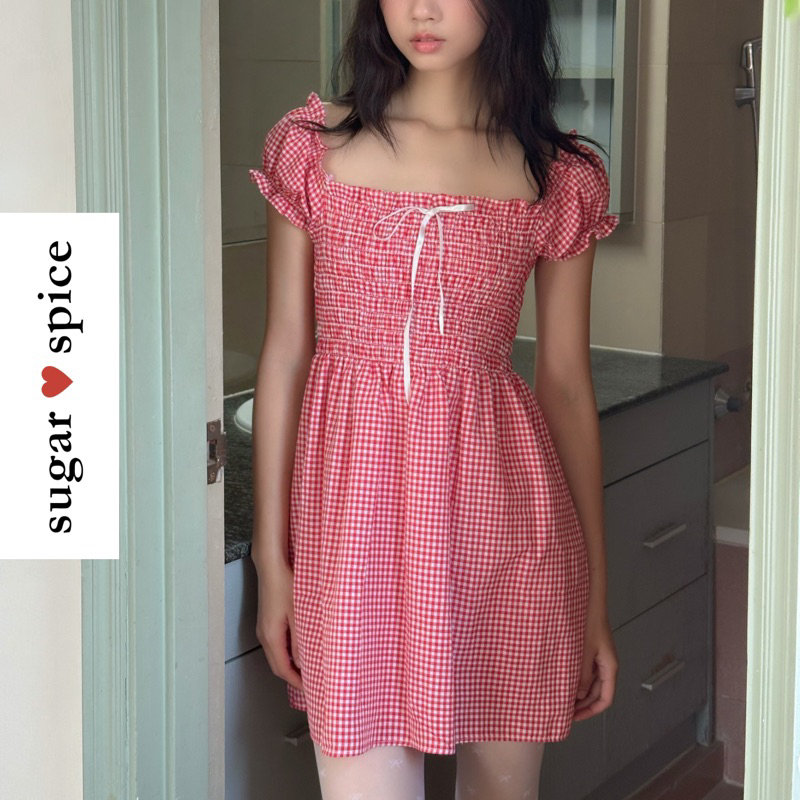 Đầm Babydoll, Đầm Caro Tay Phồng Đính Nơ SUGAR SPICE - Chérie Dress