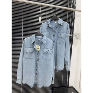 Áo sơ mi jean 2 túi hộp phối hình mặt cười, áo sơ mi jean nữ tay dài VIENS STORE