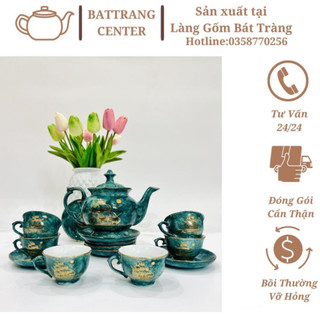 Bộ Ấm Chén Pha Trà-hàng nhà lò chuẩn Bát Tràng-vẽ Thuận Buồm Xuôi Gió,men Vân Đá Xanh