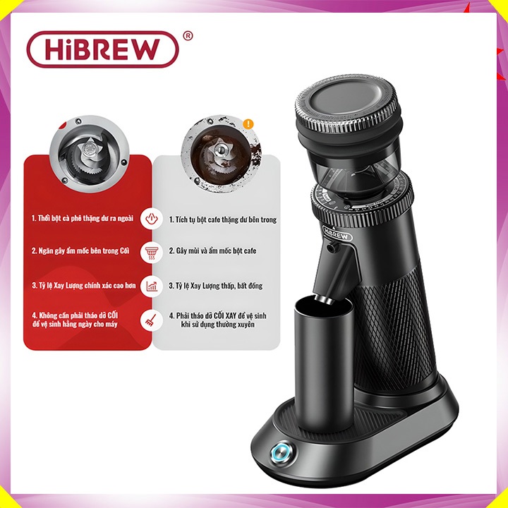 Máy xay cà phê Single Dose HiBREW G5 cao cấp, 36 cấp xay vô cấp lưỡi cornical burr 48mm chuyên nghiệ