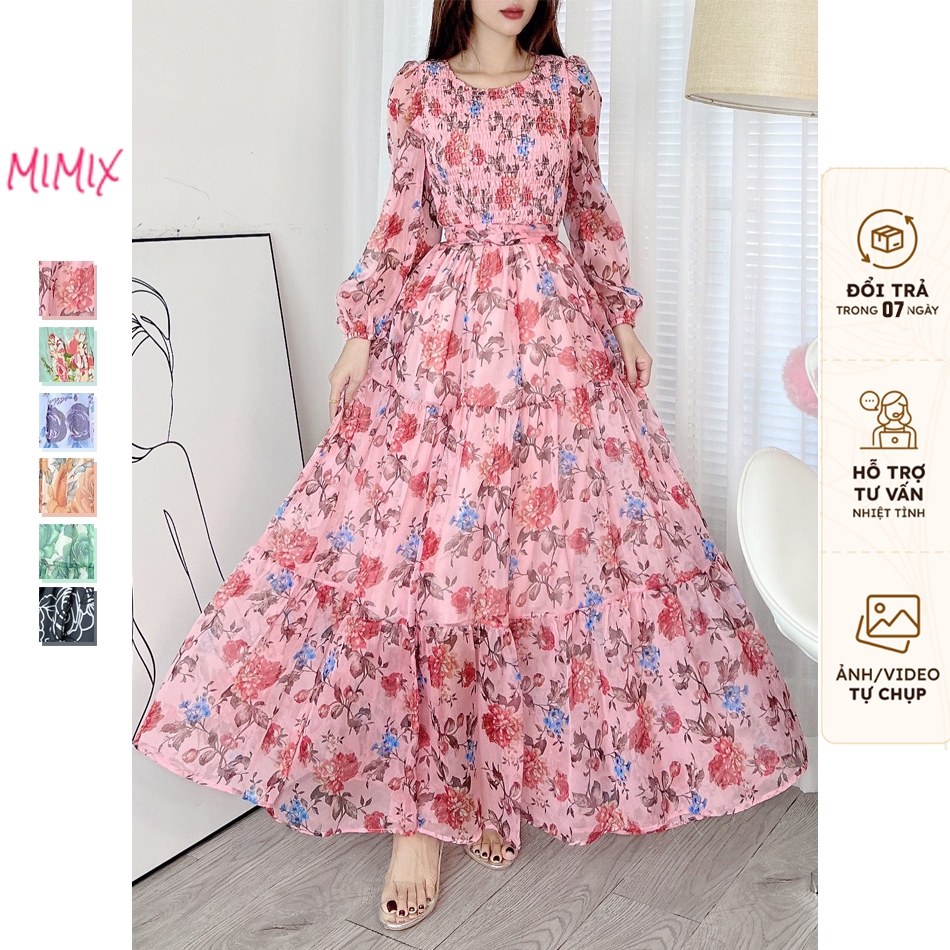 Đầm maxi tay dài bo chun họa tiết hoa MIMIX CA9250