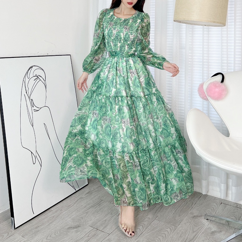 Đầm maxi tay dài bo chun họa tiết hoa MIMIX CA9250