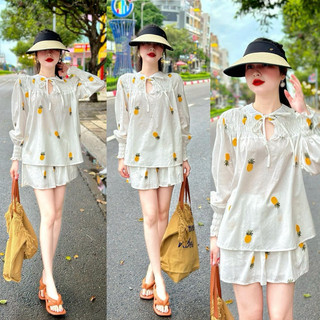 Set áo babydoll mix quần short 2 lớp hoạ tiết thêu quả dứa siêu xinh