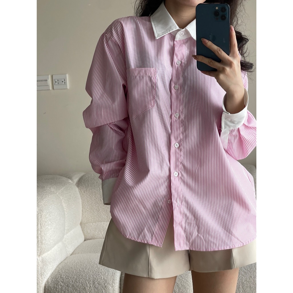 Áo Sơ Mi Kẻ Sọc Dài Tay Phối Cổ Trắng, Áo Sơmi Tay Phối Form Rộng Thoáng Mát, Somi Tiểu Thư Điệu Đà Miho House | BigBuy360 - bigbuy360.vn