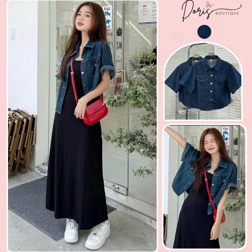 áo sơmi bò denim kiểu crotop ngắn tay dáng cộc