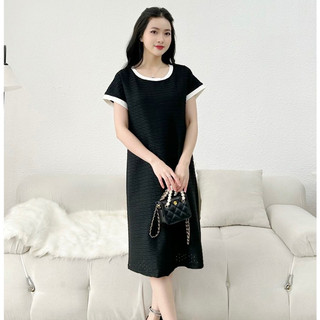 MEDYLA - Váy bầu mùa hè cotton gân sóng đen cổ viền trắng đầm bầu thiết kế cho bầu đi chơi du lịch - VTS1699