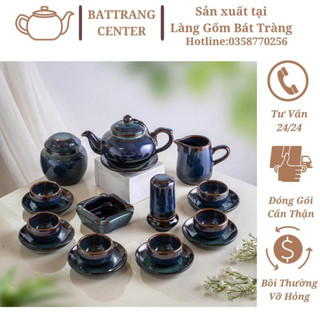 Bộ Ấm Chén Pha Trà Hoả Biến Bát Tràng-hàng nhà lò giá tận gốc,men Xanh cổ dáng ấm Chóp nhọn